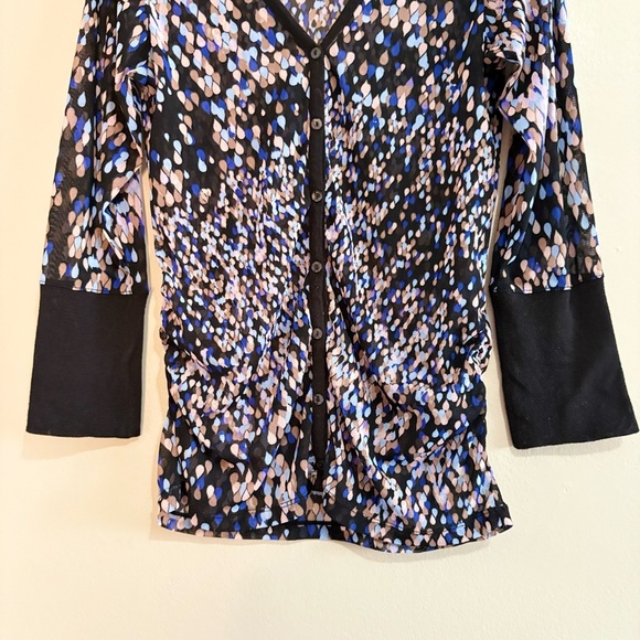 Mexx Mesh Black Blue & Lilac Pattern 3/4 Sleeve Ruched Button Up Blouse - Picture 6 of 14